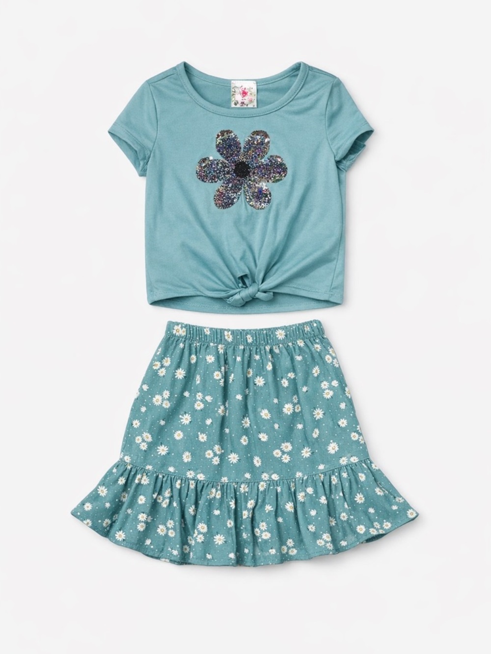 Jenna & Jessie Teal Daisy Flip Sequin Top & Skirt Outfit Size 8